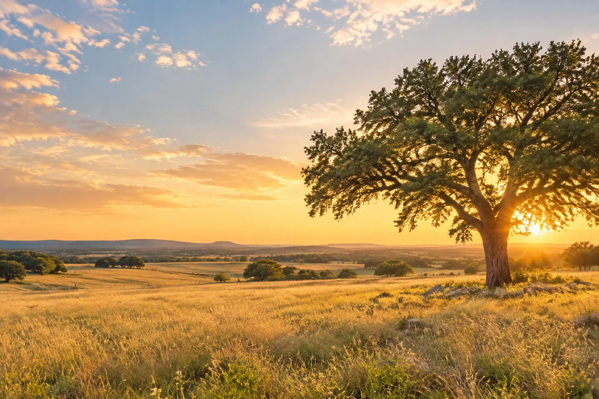 Lone Texas oak in a sunlit golden pasture
